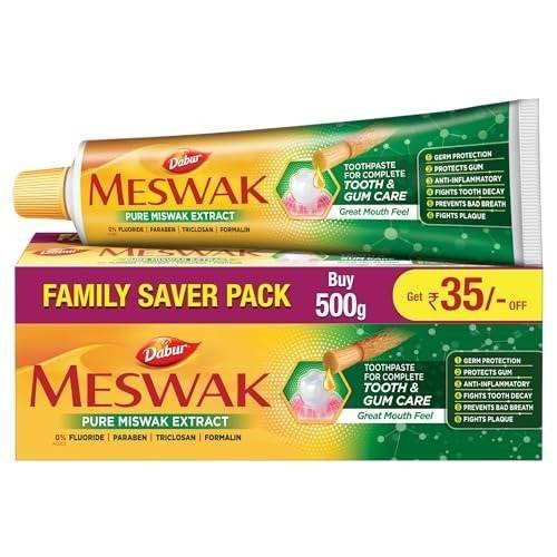 uk51G3uoZaLML.jpg Dabur Meswak Complete Oral Care Toothpaste - 500g (2 x 200g + 1 x100g) | Complete Oral & Gum Care Toothpaste | Contains Pure & Rare Miswak extract | No added Fluoride, Paraben, Triclosan & Formalin - Fast UK Delivery - Image 1