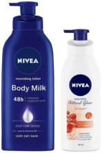 NIVEA Body Lotion for Very Dry Skin, Nourishing Body Milk 600 ml & NIVEA Body Lotion Natural Glow, Cell Repair, SPF 15 & 50x Vitamin C 400 ml - Fast UK Delivery