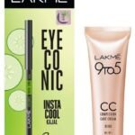 LAKME Eyeconic Insta Cool Kajal, Black, Cooling Kohl Liner with Cucumber, Twist Up Pencil, 0.35 g & Lakme 9 to 5 CC Cream Mini, 01 - Beige, Light Face Makeup with Natural Coverage, SPF 30, 9 g - Fast UK Delivery