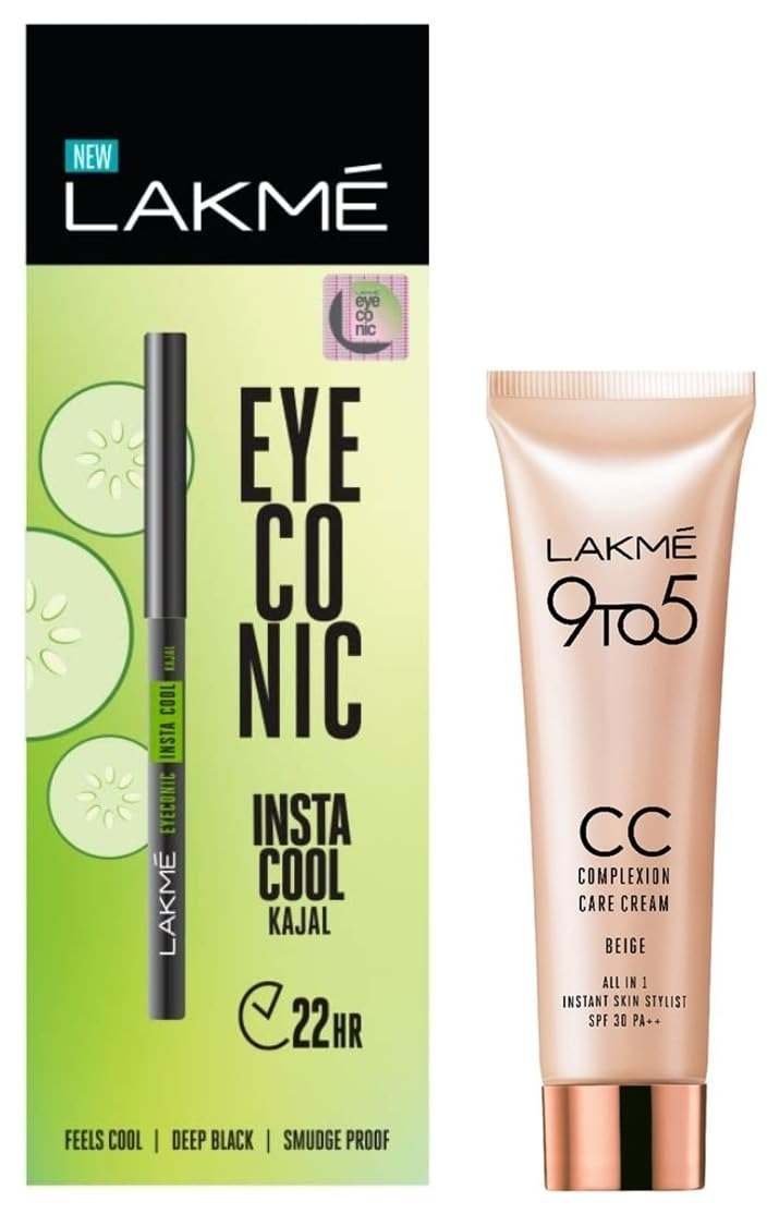 uk51IlaxFt9gL-1-1.jpg LAKME Eyeconic Insta Cool Kajal, Black, Cooling Kohl Liner with Cucumber, Twist Up Pencil, 0.35 g & Lakme 9 to 5 CC Cream Mini, 01 - Beige, Light Face Makeup with Natural Coverage, SPF 30, 9 g - Fast UK Delivery - Image 1