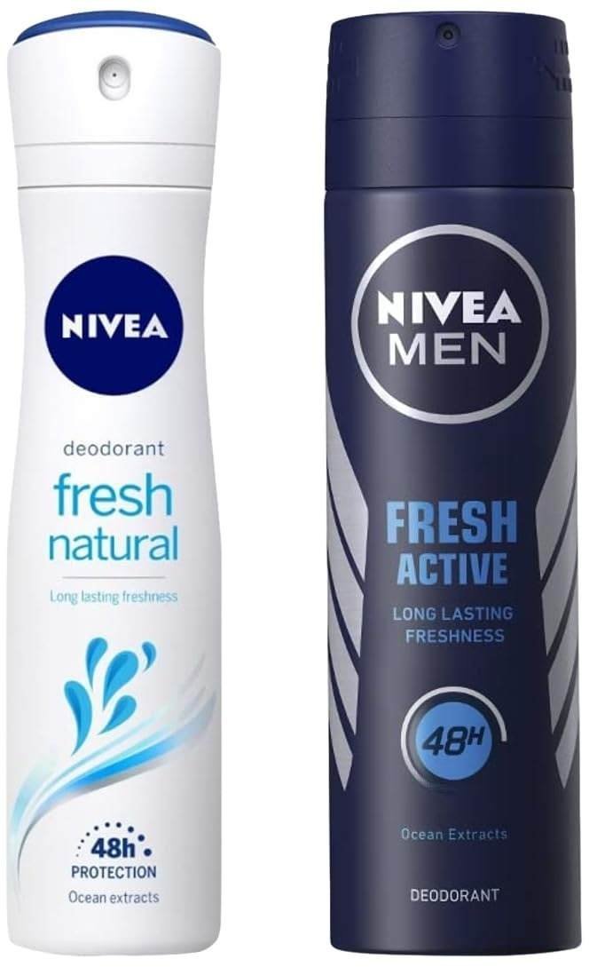 uk51Jmm4XPRfL-1-1.jpg Nivea Men & Women Deodorant Spray, Fresh Active Original , 150Ml And Deodorant Spray, Fresh Natural, 150Ml, Pack Of 1 - Fast UK Delivery - Image 1
