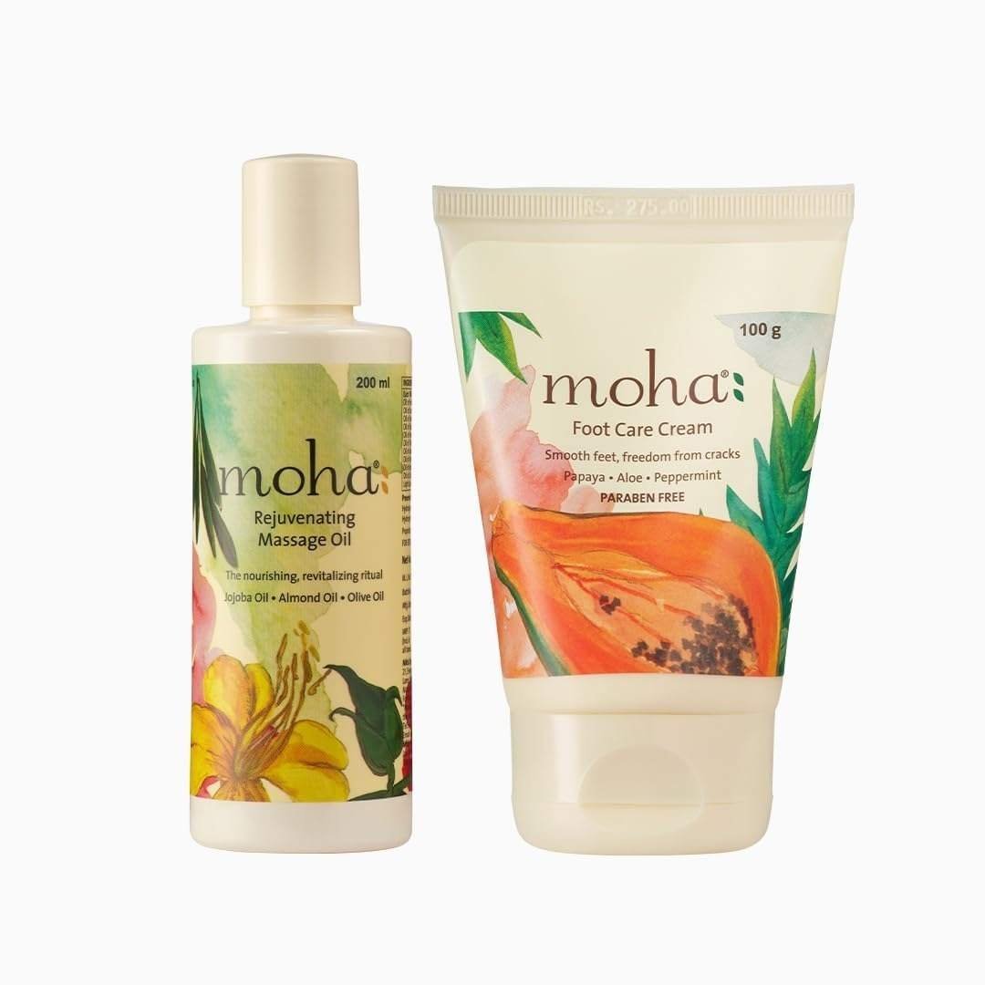 uk51Jt1vTWnL-1.jpg Moha: Rejuvenating Massage Oil 200ml And Foot Cream 100gm Combo | D-stresses and Tones the Skin with Jojoba Oil, Almond Oil and Olive Oil, Foot Cream For Rough, Dry and Cracked Heel Combo Pack - Fast UK Delivery - Image 1