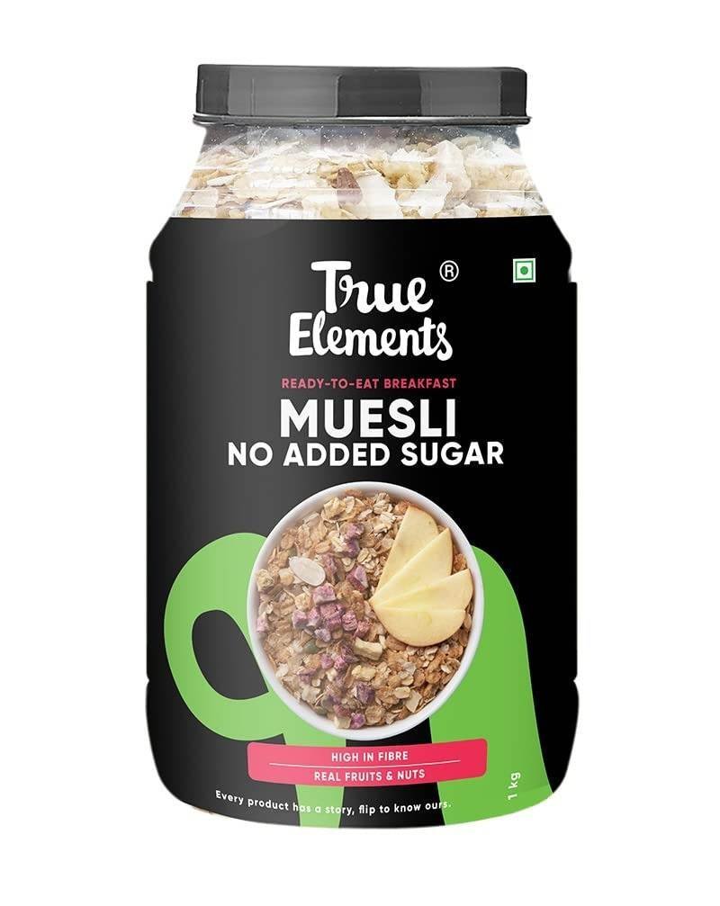 uk51Lsrq2lYYL-1.jpg True Elements Muesli No Added Sugar 1 Kg | Sugar Free Cereal | Diet Food | Healthy and Quick Breakfast | No Malt Extract, No Malitol, No Sweetners or Flavourings | Oats, Wheat Flakes & Jowar | Crunchy Almonds, Seeds & Freeze dried fruits | 15g Clean Protein - Fast UK Delivery - Image 1
