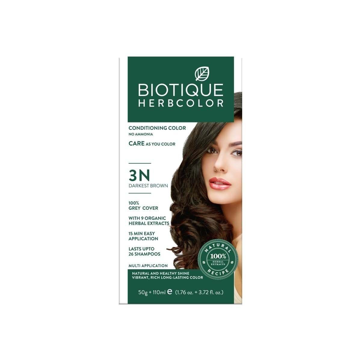 uk51Lw2rJA-RL-1-1.jpg Biotique Herbcolor Conditioning Hair Colour l Ammonia Free Hair Color l 9 Organic Herbal Extracts l Natural and Healthy Shine l 50g + 110ml| Darkest Brown 3N (Pack of 1) - Fast UK Delivery - Image 1