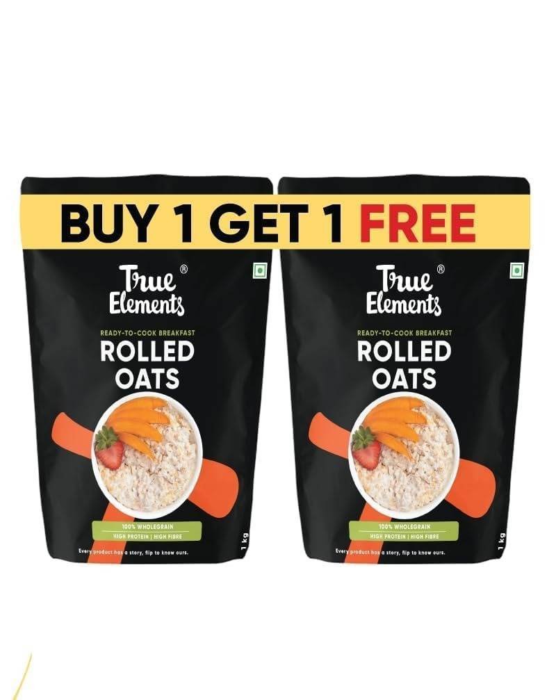 uk51MEkB-E2TL-1.jpg True Elements Rolled Oats 2kg - Diet Food | Gluten Free Oats | Cereal for Breakfast | High Fibre | 100% Wholegrain, Jumbo Oats 1kg (Buy 1 Get 1 FREE) - Fast UK Delivery - Image 1
