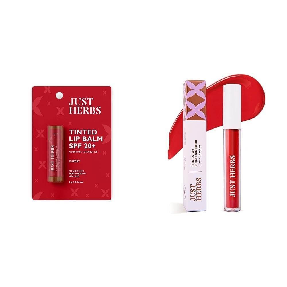 uk51MbY16PZgL-1.jpg Just Herbs Tinted Lip Balm for Men and Women with SPF 20+ for Dark Lips to Lighten 4 g (Cherry) & Just Herbs Liquid Sindoor Long Lasting Quick Dry 5g (Ruby Red) Combo - Fast UK Delivery - Image 1
