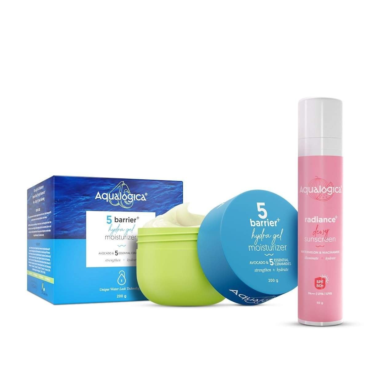 uk51NywLTYML-1.jpg Aqualogica Radiance + Dewy Sunscreen 50 g + 5 Barrier + Hydra Gel Moisturizer with Avocado & 5 Essential Ceramides - 200 g |SPF 50+ PA+++ for UVA/B & Blue Light Protection | 24-Hour Intense Hydration - Fast UK Delivery - Image 1
