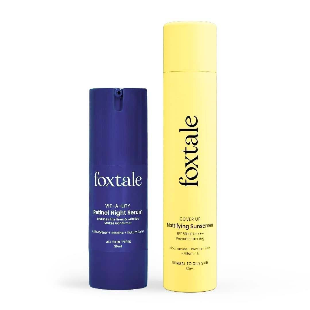 uk51QpKW5SIdL-1-1.jpg Foxtale Rapid Wrinkle Reduction Skin Care Kit | Retinol Night Serum 30ml + Matte Finish Sunscreen 50ml - Fast UK Delivery - Image 1
