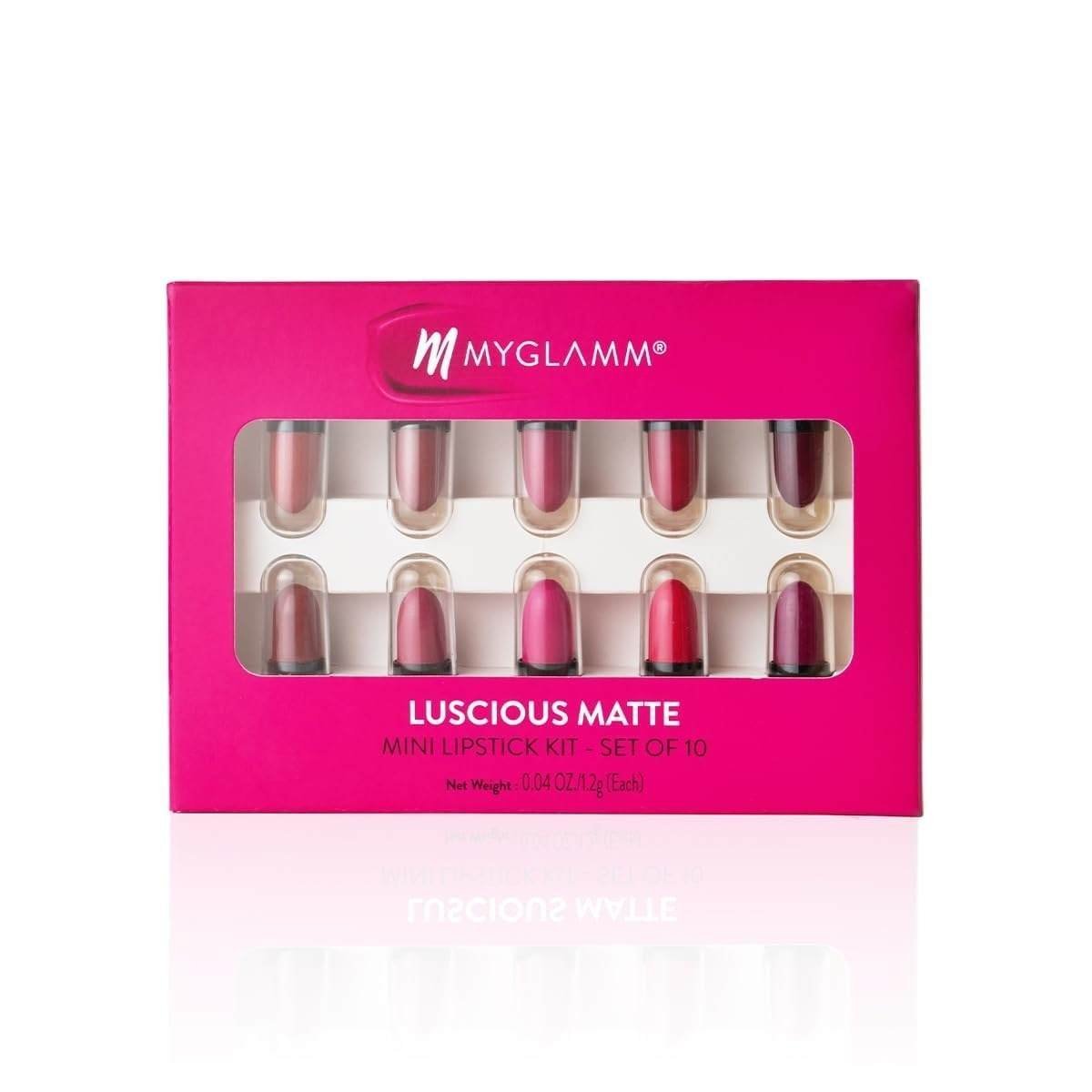 uk51Ri699kfL-1.jpg MyGlamm Luscious Matte Mini Lipstick Kit - Set of 10 | Nude & Bold Lipstick Combo For Women | Long Lasting, Creamy, Moisturising & Pigmented Mini Lipsticks (1.2g x 10) - Fast UK Delivery - Image 1