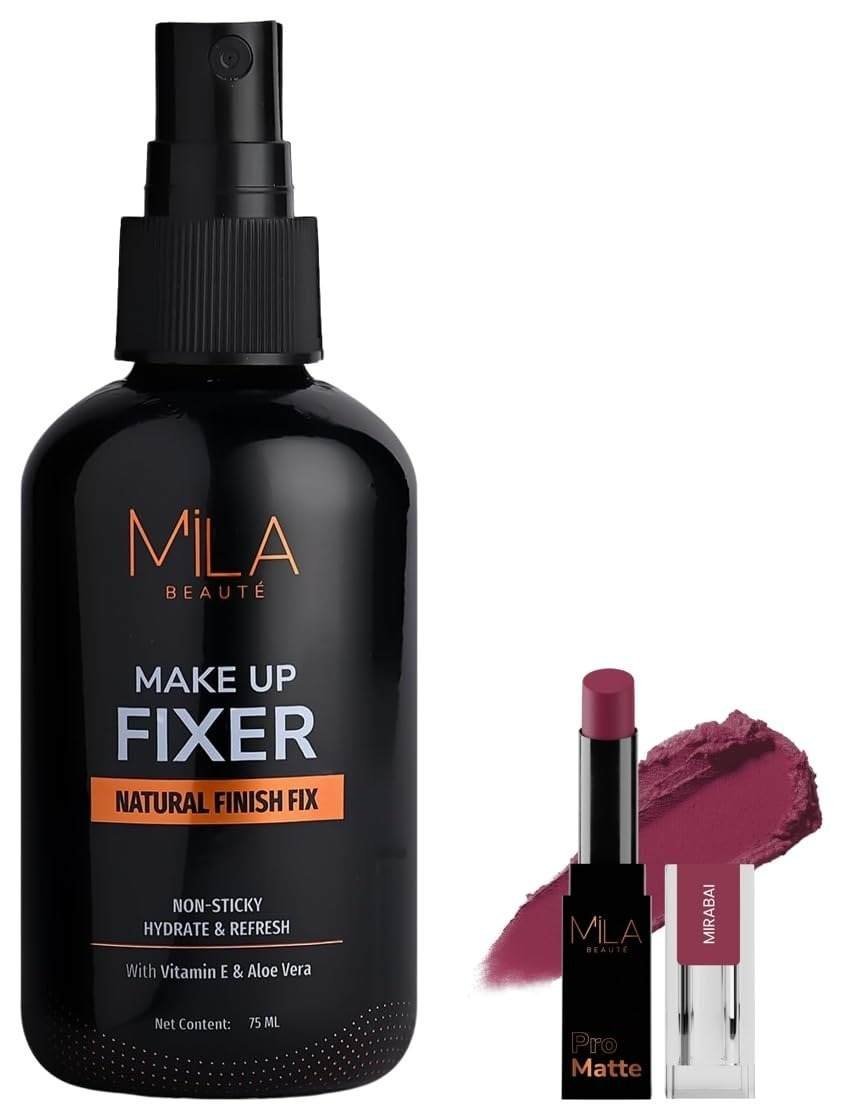 uk51THV9AWfUL-1-1.jpg MILA Beaute Makeup Fixer |Makeup Setting Spray | Dermatalogically Tested 75ml Pro Matte Lipstick | Creamy Matte Lipstick | Shade - Mirabai, 4.2g - Fast UK Delivery - Image 1