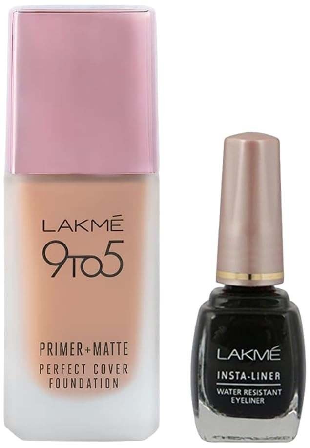 uk51TsLM-fiSL-1-1.jpg LAKME 9To5 Primer + Matte Perfect Cover Liquid Foundation for combination Skin,Buildable, W240 Warm Beige, 25 Ml And Lakme Insta Eye Liner, Black, 9Ml - Fast UK Delivery - Image 1