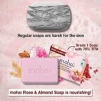 moha: Rose and Almond Bath Soap Unisex Bathing Bar with the benefits of Rose oil Pomegranate extract Almond oil wheat germ oil for soft, nourished and youthful skin - 100gm (Pack of 3) - Fast UK Delivery - Image 4