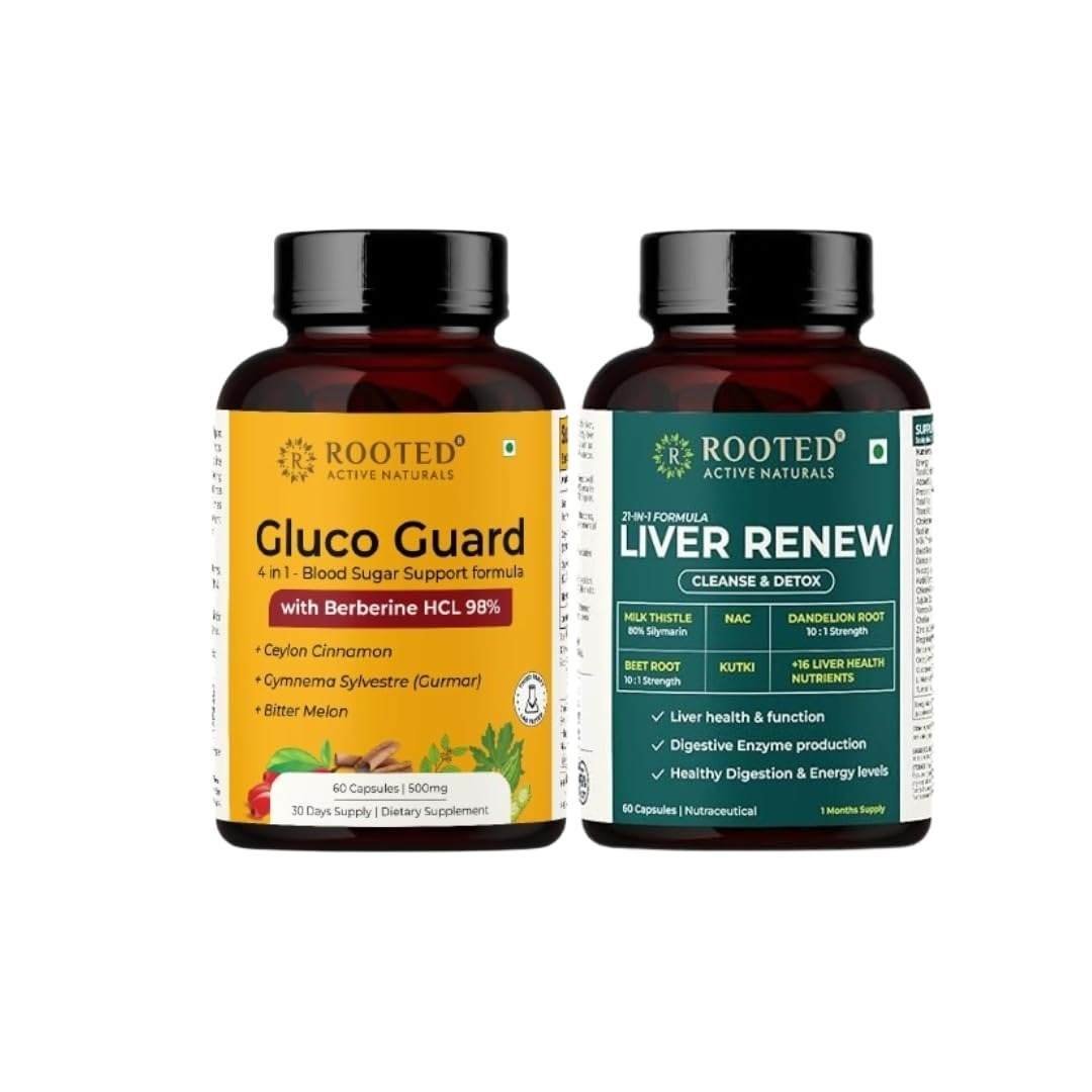 uk51WgPMQdoAL-1-1.jpg Rooted Active Metabolic Balance Combo : Gluco Guard - Blood Sugar support with Berberine HCL 98% & Liver cleanse, detox & repair; Herbal liver detox supplement with Milk Thistle, Dandelion root, Kutki - Fast UK Delivery - Image 1