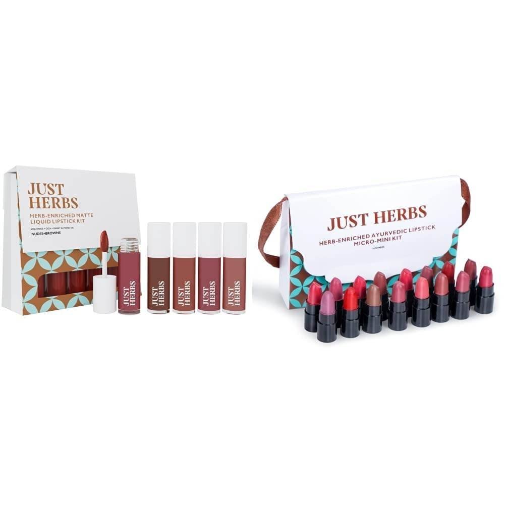uk51Z3AoF-zwL-1.jpg Just Herbs Ayurvedic Liquid Lipstick Kit Set of 5 with Hydrating & Lightweight Lip Colours (Nudes & Browns) & Just Herbs Ayurvedic Creamy Matte Lipstick Set38gm (Pack of 16) - Fast UK Delivery - Image 1