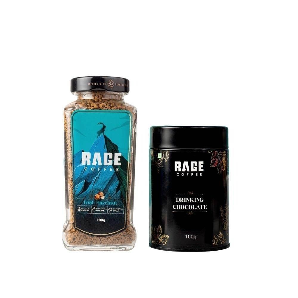 uk51b7nToZMoL-1.jpg RAGE COFFEE Combo - Instant Coffee And Drinking Chocolate Powder Mix | 100 Gms Each | Irish Hazelnut Flavoured Coffee | Coffee Powder | Made In India, Glass Bottle - Fast UK Delivery - Image 1