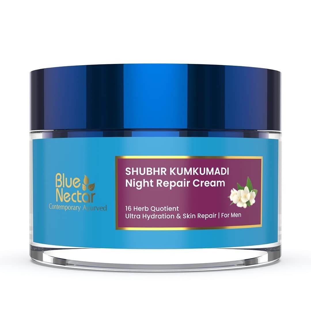 uk51bTXYaKp8L-1.jpg Blue Nectar Ayurvedic Anti Aging Night Cream for Men for fine lines and wrinkles | Skin Repair Plant Based Nourishment | Best Men Face Moisturizer (16 Herbs, 50g) - Image 1