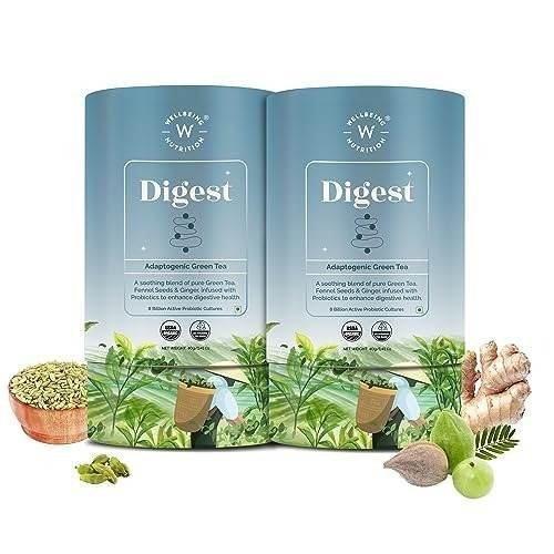 uk51c8dBmzg3L-1.jpg Wellbeing Nutrition Digest Green Tea | Digestive Tea with Probiotics, Digestive Enzymes, 8 Billion CFU & Fennel Seeds for better Digestion, Bloating, Gas and Acidity relief (40 Pyramid Tea Bags) - Image 1