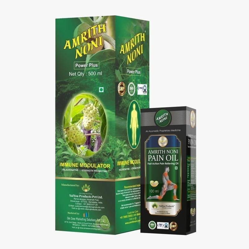 uk51caZcdUMYL-1-1.jpg Amrith Noni Power Plus 500ml + Pain Oil 100ml - Organic Noni Fruit Juice for Strengthening Immunity & Natural Relief from Back, Joint, Knee, Muscle, Neck, Wrist, Ankle, and Elbow Pain - Image 1