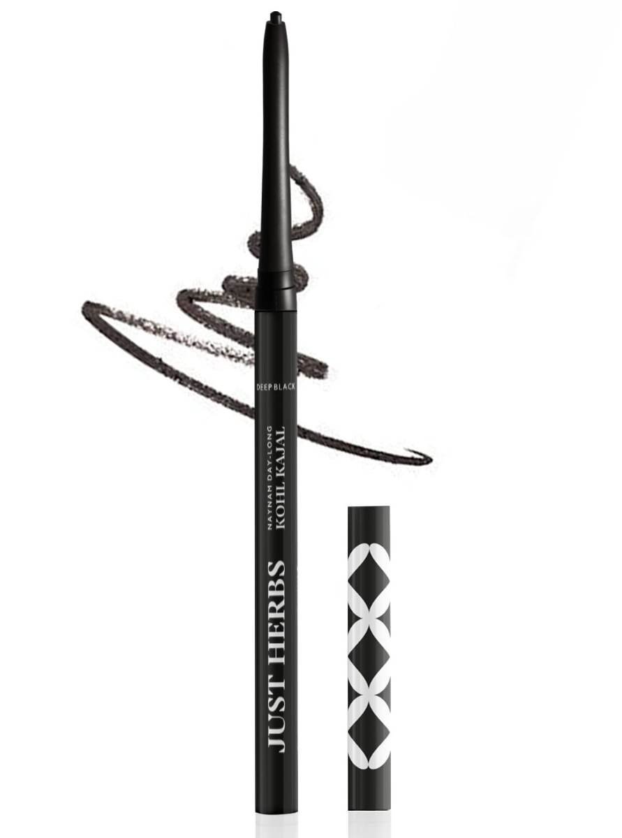 uk51d-Bqos4lL-1.jpg Just Herbs Retractable 2 in 1 Herbal Eyeliner + Kajal with Almond Oil & Vitamin E, 11 Hour Stay, Singlestroke, Smudgeproof & Fadeproof - Black 0.3g - Fast UK Delivery - Image 1