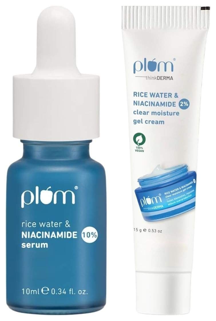 uk51d6rBH-sfL-1-1.jpg Plum 10% Niacinamide Face Serum with Rice Water & Squalane (10 ml) & Plum 2% Niacinamide & Rice Water Clear Moisture Gel Cream (15 g) - Fast UK Delivery - Image 1