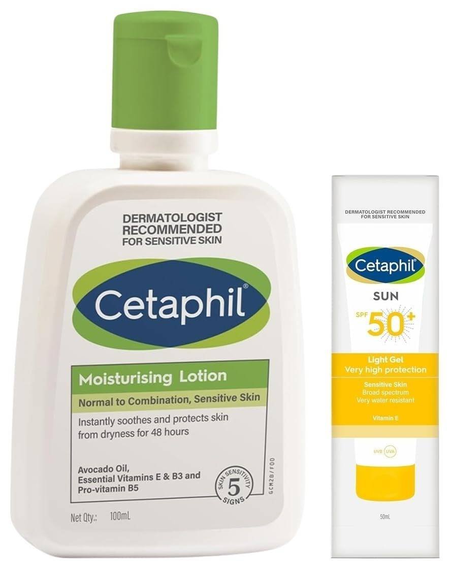 uk51ezJX5Y8gL-1-1.jpg Cetaphil Combination Skin Sun SPF 50 Sunscreen - Very High Protection, Light Gel, Water Resistant, Vitamin E, 50 ml (Pack of 1) & Moisturizing Lotion for Normal to Combination Skin, 100 ml. - Fast UK Delivery - Image 1
