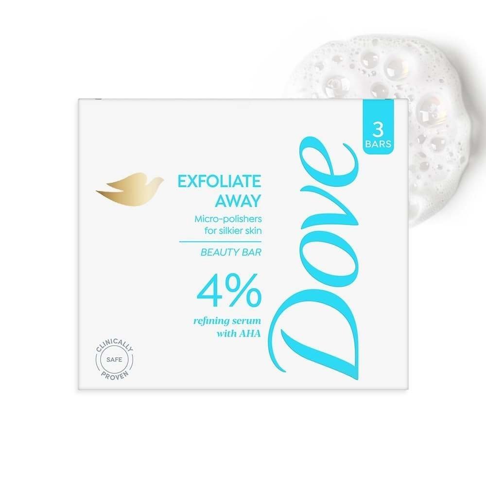 uk51ihCxF8QsL-1-1.jpg Dove Exfoliate Away Serum Beauty Bar | 4% Refining Serum + AHA | Micro-polishes for silkier skin | Paraben & SLS free | 375g (125g x 3) - Fast UK Delivery - Image 1