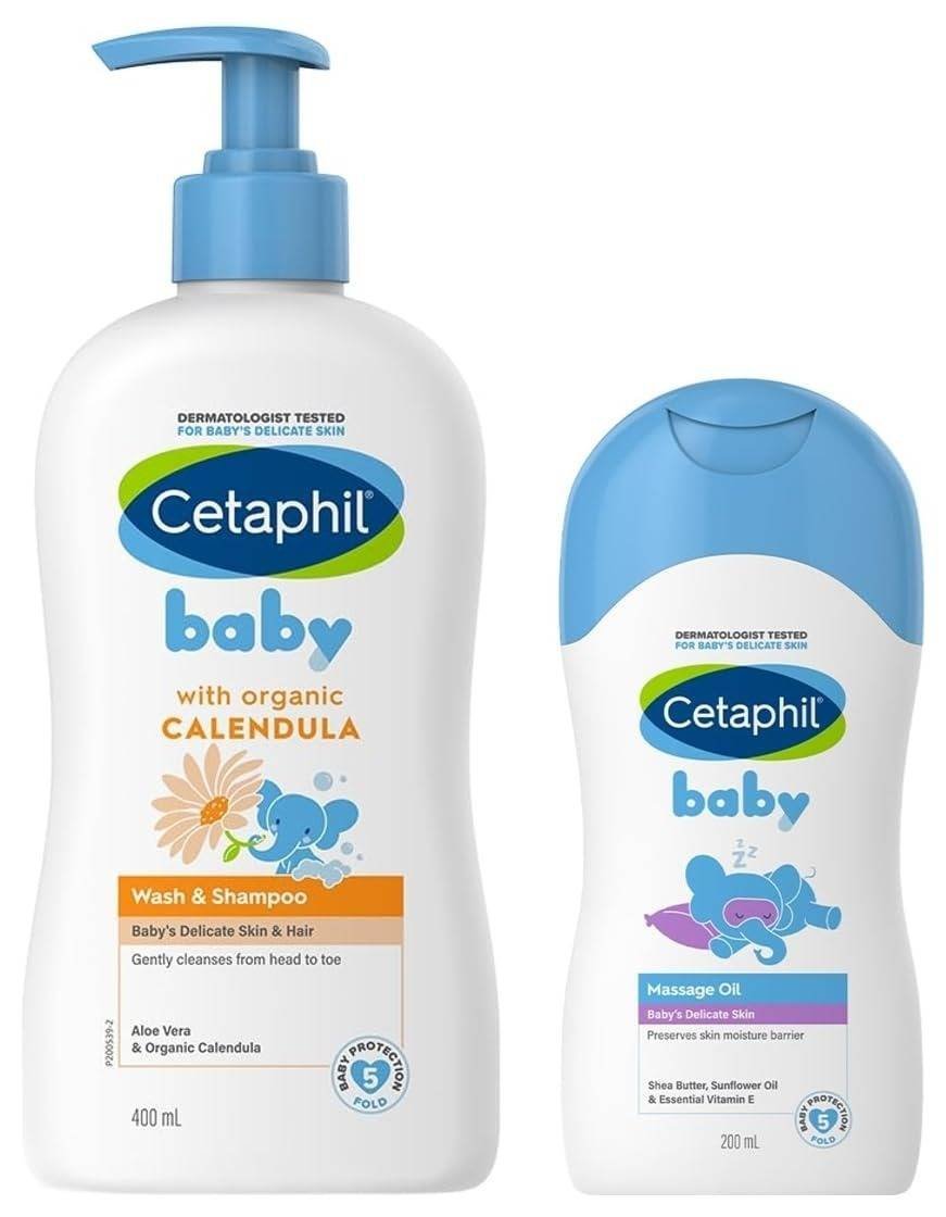 uk51j8UfAr43L-1-1.jpg Cetaphil Baby Wash & Shampoo with Organic Calendula (400ml)&Cetaphil Baby Massage Oil, 200 ml, White - Fast UK Delivery - Image 1