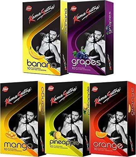 uk51ksJxWG5aS-1-1.jpg Kamasutra Lovers Combo With Exciting Flavours (Banana,Grapes,Mango,Pineapple,Orange) Condom (Set of 5, 50S) (10 in each Packet) - Fast UK Delivery - Image 1