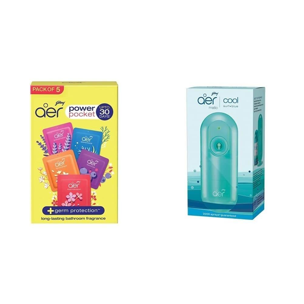 uk51l0XLJOJxL-1-1.jpg Godrej aer pocket, Bathroom Air Fragrance - Assorted Pack of 5 (5x10g) and Godrej aer matic, Automatic Air Freshener Kit with flexi control - Cool Surf Blue (225 ml) - Fast UK Delivery - Image 1