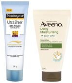 Neutrogena Ultra Sheer Sunscreen Spf 50+ (30Ml) & Aveeno Daily Moisturising Body Wash For All Skin Types (30 Ml), 1 Count - Fast UK Delivery