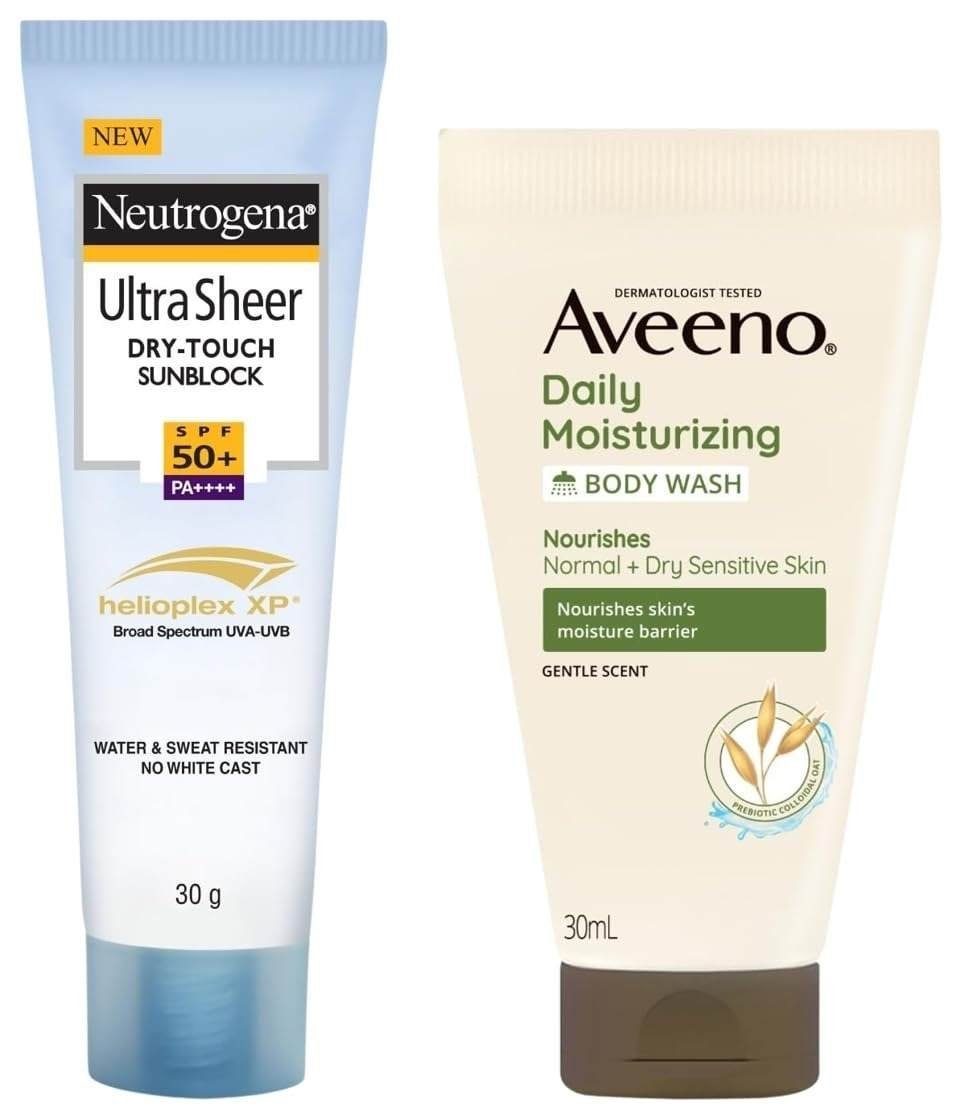 uk51o8-P3uLaL-1-1.jpg Neutrogena Ultra Sheer Sunscreen Spf 50+ (30Ml) & Aveeno Daily Moisturising Body Wash For All Skin Types (30 Ml), 1 Count - Fast UK Delivery - Image 1