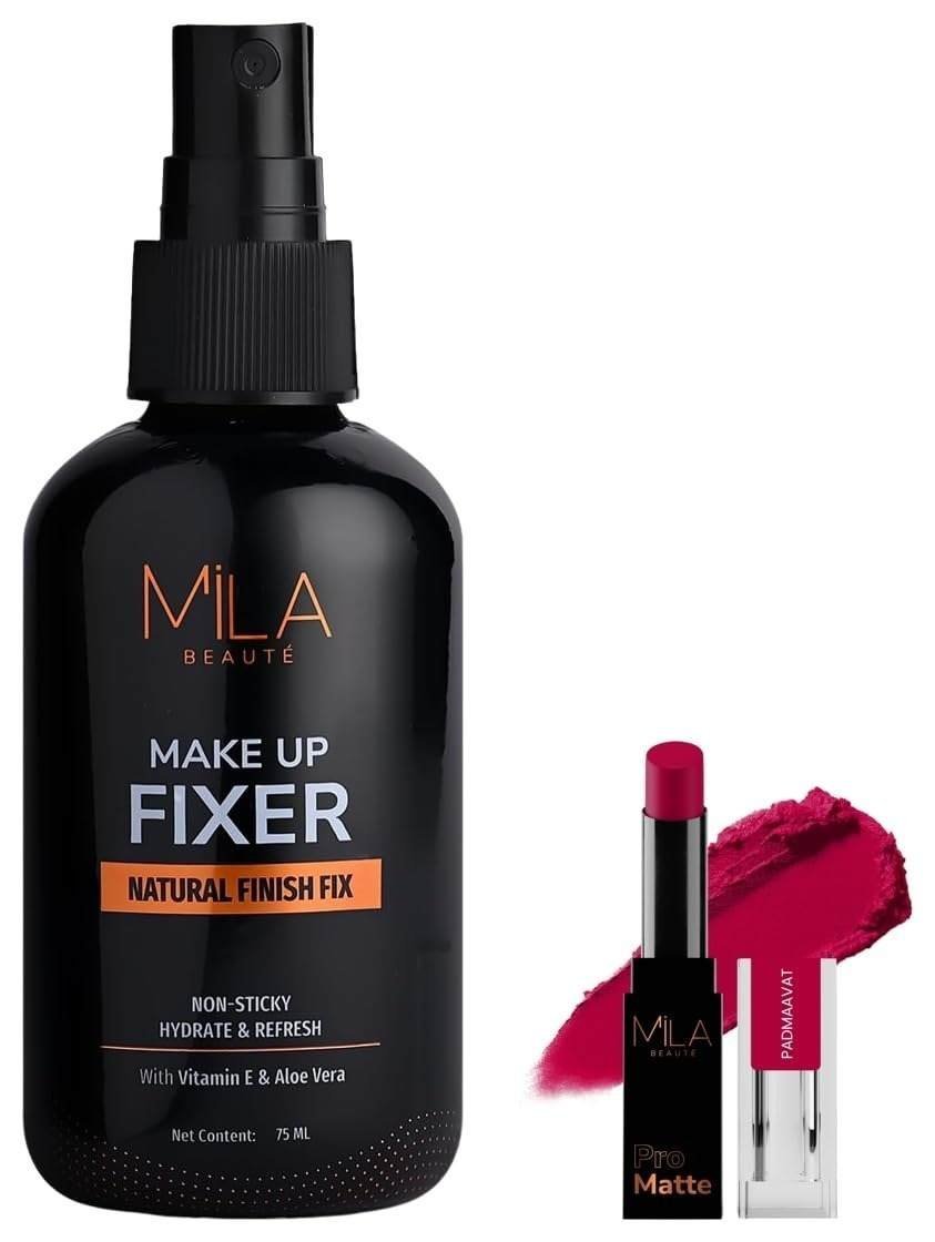uk51pQiW7UCEL-1-1.jpg MILA Beaute Pro Matte Lipstick | Creamy Matte Lipstick | Shade - Padmaavat, 4.2g Makeup Fixer | Natural Finish |Hydrating Makeup Setting Spray |75ml - Fast UK Delivery - Image 1