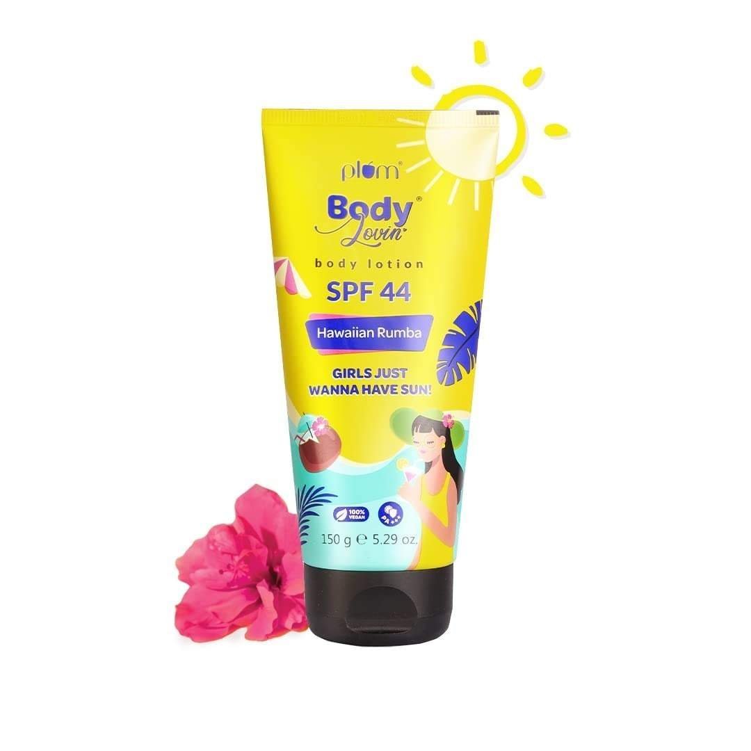 uk51qCTDYXInL-1-1.jpg Plum BodyLovin' Hawaiian Rumba Body Lotion | Body Sunscreen with SPF 44 PA+++ | All skin types | Fresh Beachy Fragrance | 100% Vegan - Fast UK Delivery - Image 1