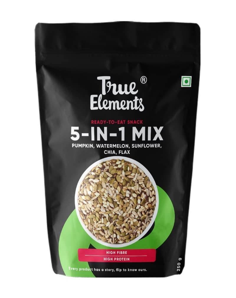 uk51qk2ONxd5L-1.jpg True Elements Mixed Seeds for Eating - 5 in 1 Seeds Mix 250gm | Edible Seeds | Healthy Seed Snacks | 100% Natural and Roasted Seeds | Fibre Rich Seeds | Mix of Pumpkin, Watermelon, Sunflower, Chia & Flax (Pack of 1) | High in Protein - Fast UK Delivery - Image 1