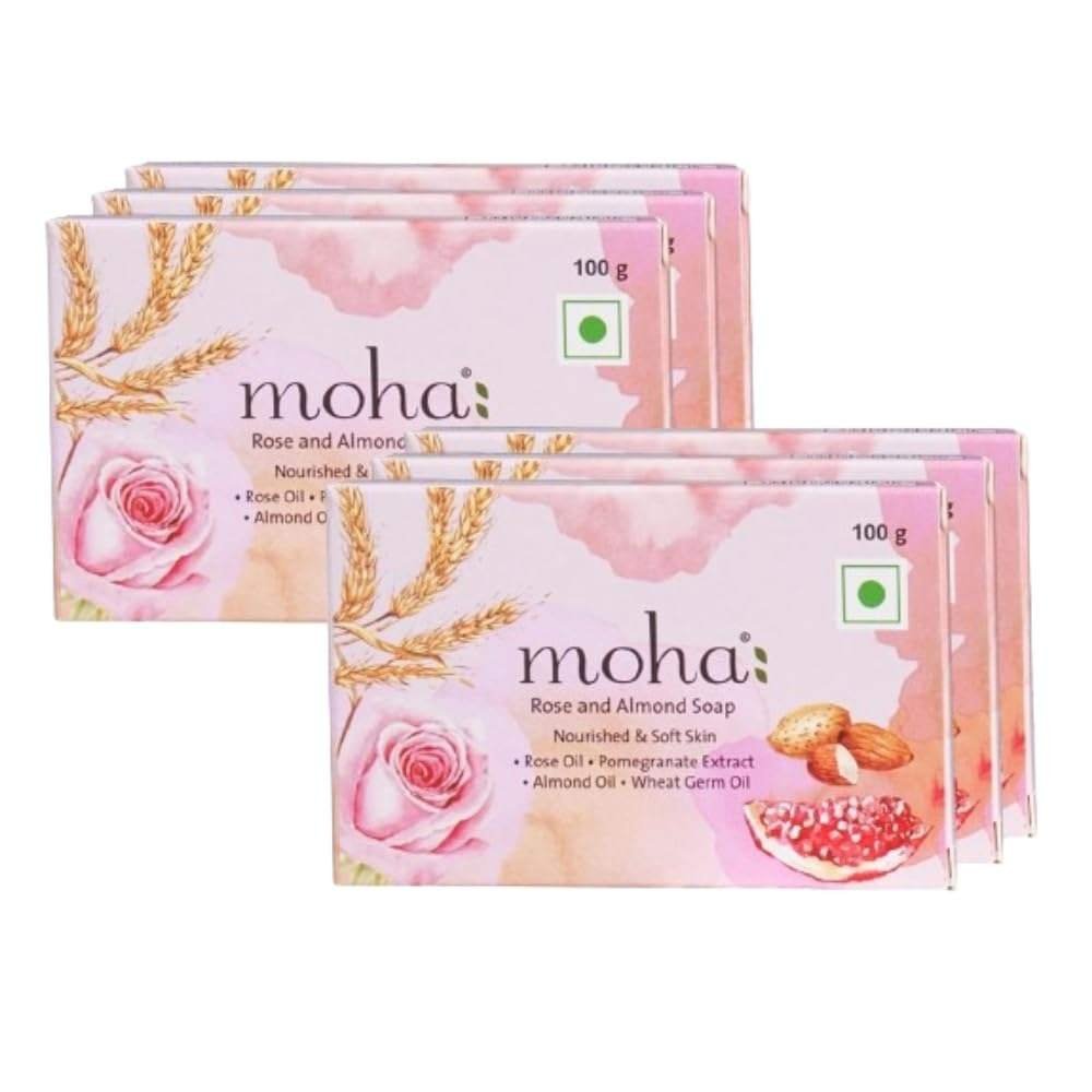 uk51rJSNdVGBL-1-1.jpg moha: Rose and Almond Bath Soap Unisex Bathing Bar with the benefits of Rose oil Pomegranate extract Almond oil wheat germ oil for soft, nourished and youthful skin - 100gm (Pack of 6) - Fast UK Delivery - Image 1