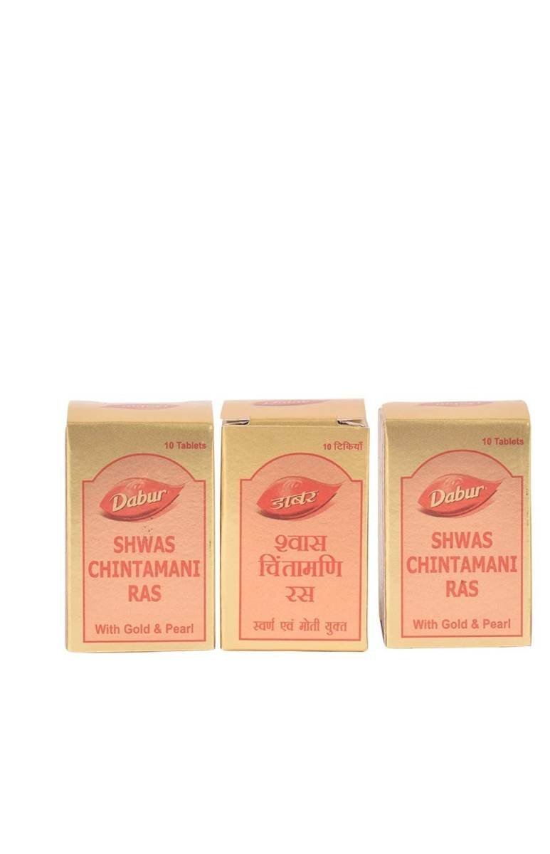 uk51ri1aaE83S.jpg Dabur Shwas Chintamani Ras (With Gold) 10 Tablets Pack of Three With Painher Heater Oil - Fast UK Delivery - Image 1