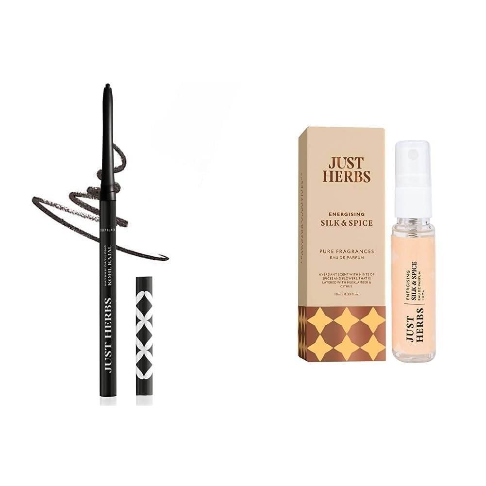 uk51si3CUPW2L-1.jpg Just Herbs Retractable 2 In 1 Herbal Pencil Eyeliner + Kajal - Black 0.3G & Luxury Scent Long Lasting Silk & Spice Travel Friendly Perfume 10Ml Combo, Matte Finish - Fast UK Delivery - Image 1