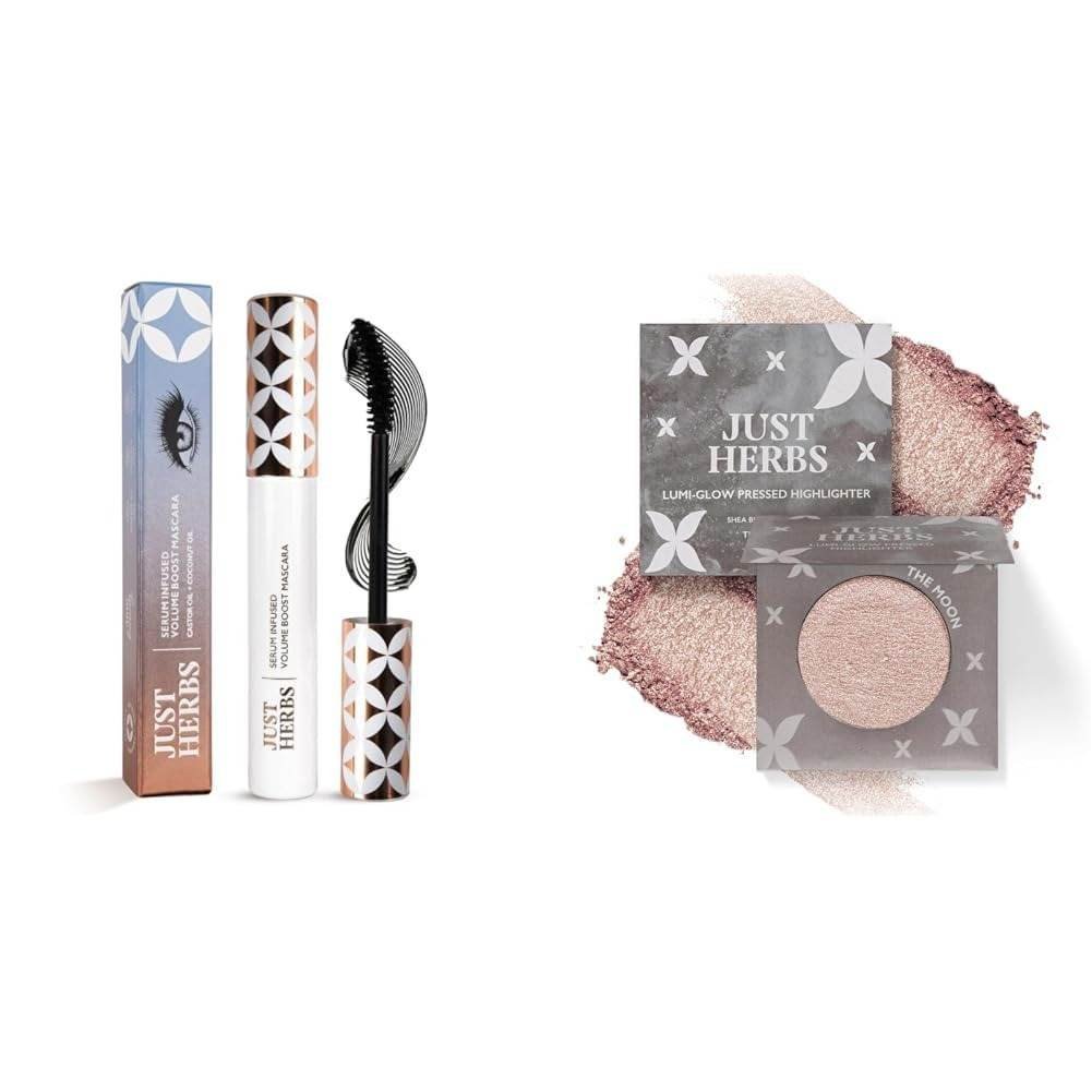 uk51stHuQI8vL-1.jpg Just Herbs Serum Infused Volume Boost Mascara Highly Pigmented Waterproof Long Lasting 8ml & Just Herbs Lumi Glow Pressed Highlighter for Face Makeup Shea Butter + Vitamin C, 3.5 g (The Moon) - Fast UK Delivery - Image 1