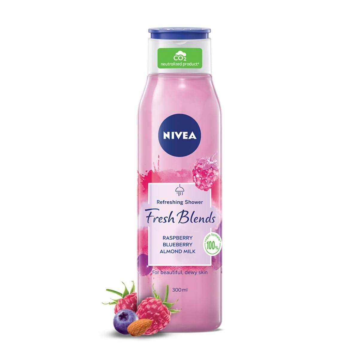uk51t9ngHlkFL-1-1.jpg Nivea Fresh Blends Raspberry with Natural Fruit Extracts, Vegan Body wash, Fruity Shower Gel for Women with Blueberry and Almond Milk, 300ml - Fast UK Delivery - Image 1