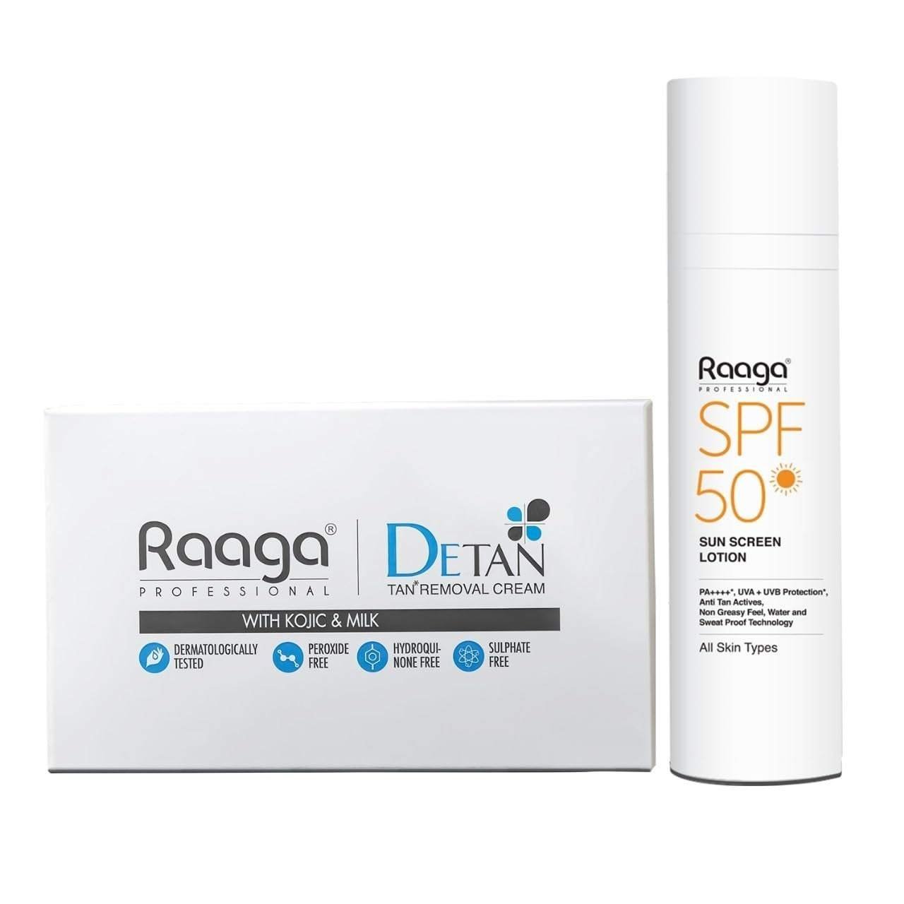 uk51tTEPmGzL-1.jpg Raaga Professional De-Tan and Sun Protection Combo | De-Tan Pack (72 gm) and SPF 50 Sunscreen Lotion (55 ml) | Comprehensive Tan Removal and UVA/UVB Defense - Fast UK Delivery - Image 1