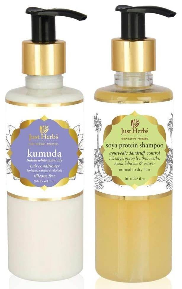 uk51uG4HQ4IL-1.jpg Just Herbs Kumuda Indian White Waterlily Conditioner, 200Ml And Dandruff Control Ayurvedic Soya Protein Shampoo, All, Count 2 - Fast UK Delivery - Image 1