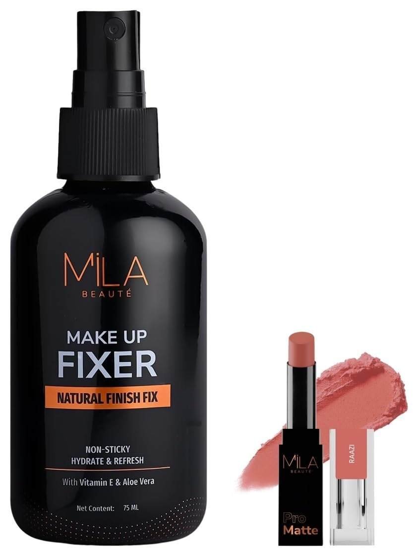 uk51uJQm8ULqL-1-1.jpg MILA Beaute Makeup Fixer |Makeup Setting Spray | Dermatalogically Tested 75ml Pro Matte Lipstick | Creamy Matte Lipstick | Shade - Raazi, 4.2g - Fast UK Delivery - Image 1