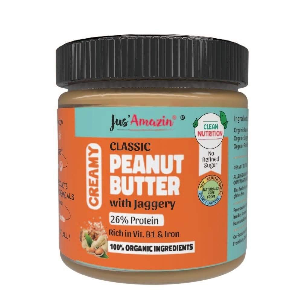 uk51vWESYLUyL-1-1.jpg Jus' Amazin Classic Organic Peanut Butter (Creamy) with Jaggery (200g) | Yummy Clean Nutrition - 26% Protein | No Refined Sugar/Hydrogenated Fats/ Emulsifiers | 100% Organic Ingredients, 0% Chemicals - Fast UK Delivery - Image 1