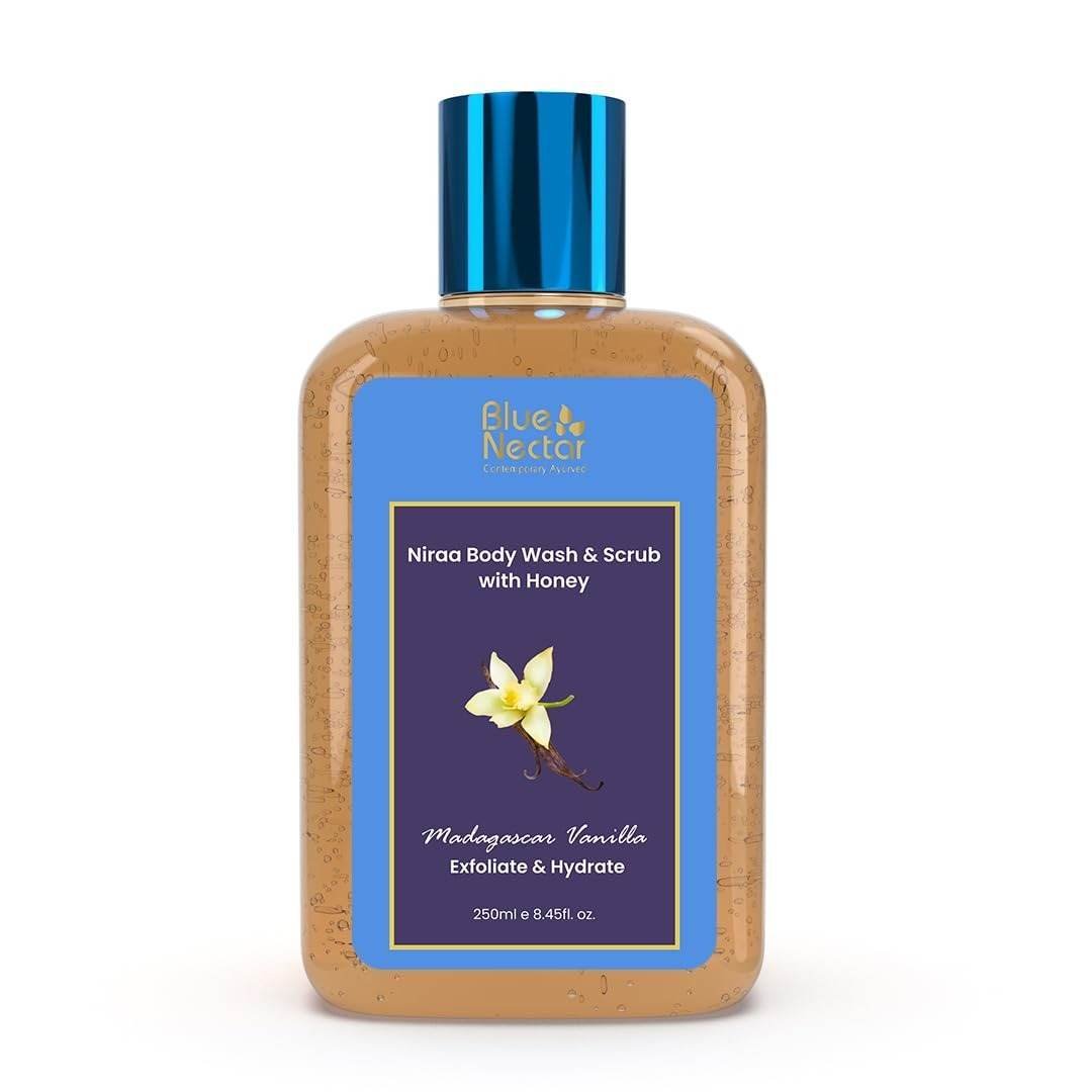 uk51wj1GQyW-L-1.jpg Blue Nectar Exfoliating Body Wash & Scrub for Rough & Bumpy Skin | Madagascar Vanilla Tan Removal Body Scrub for Women & Men (10 herbs, 250ml) - Fast UK Delivery - Image 1