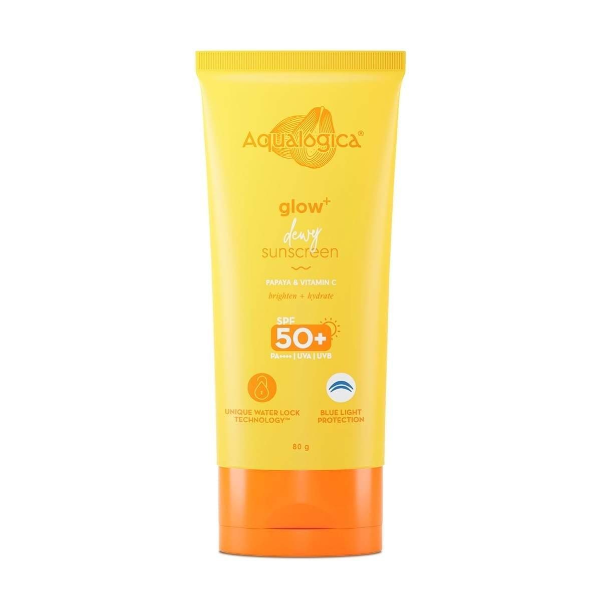 uk51yD55eesML-1-1.jpg Aqualogica Glow+ Dewy Sunscreen SPF 50 PA++++ with Papaya & Vitamin C | For Dry, Sensitive, Oily & Combination Skin | UVA/B & Blue Light Protection | Fragrance-Free | For Men & Women | 80g - Fast UK Delivery - Image 1