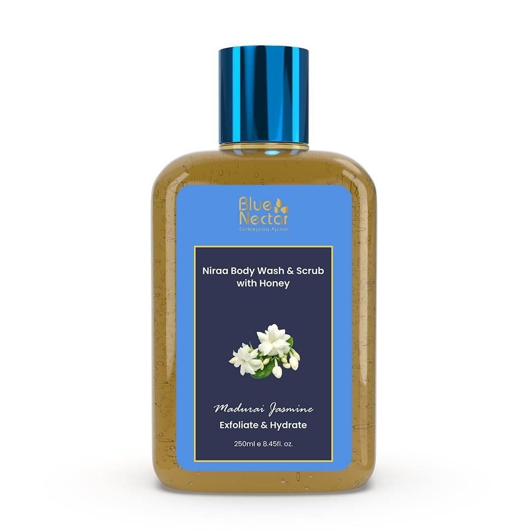 uk51ycoeMUedL-1.jpg Blue Nectar Exfoliating Body Wash & Scrub for Rough & Bumpy Skin | Madurai Jasmine Tan Removal Body Scrub for Women & Men (10 herbs, 250ml) - Fast UK Delivery - Image 1