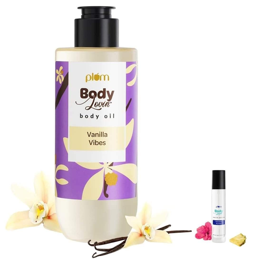 uk51ydC7sn3nL-1-1.jpg Plum BodyLovin' Vanilla Vibes Body Oil (100 ml)&Plum Women's Body Lovin' Hawaiian Rumba Eau De Parfum Long Lasting Scent Mini Perfume, 15ml - Fast UK Delivery - Image 1