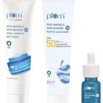 Plum 10% Niacinamide Face Serum 10ml| Plum 2% Niacinamide & Rice Water Hybrid Face Sunscreen with SPF 50 PA+++ 15gm | Plum thinkDERMA 2% Niacinamide & Rice Water Clear Moisture Gel Cream 15gm Combo - Fast UK Delivery