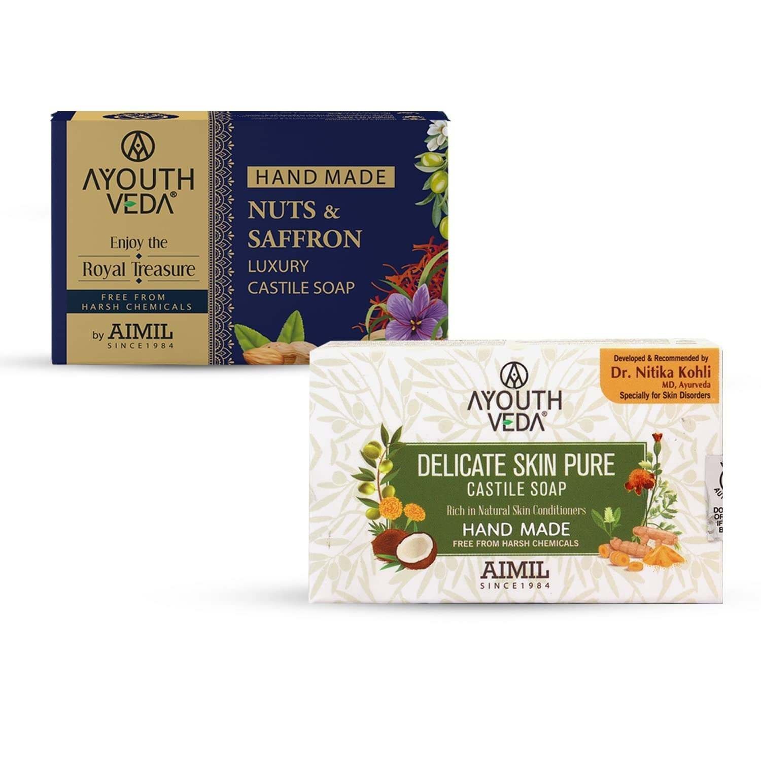 uk610P9WQjl8L-1-1.jpg Ayouthveda Ayurvedic Herbal Soap Combo, Nuts & Saffron Luxury Castile Soap & Delicate Skinpure Castile Soap (110g Each) | With the Goodness of Coconut & Saffron | Gentle Skin Cleanser For Daily Use - Fast UK Delivery - Image 1
