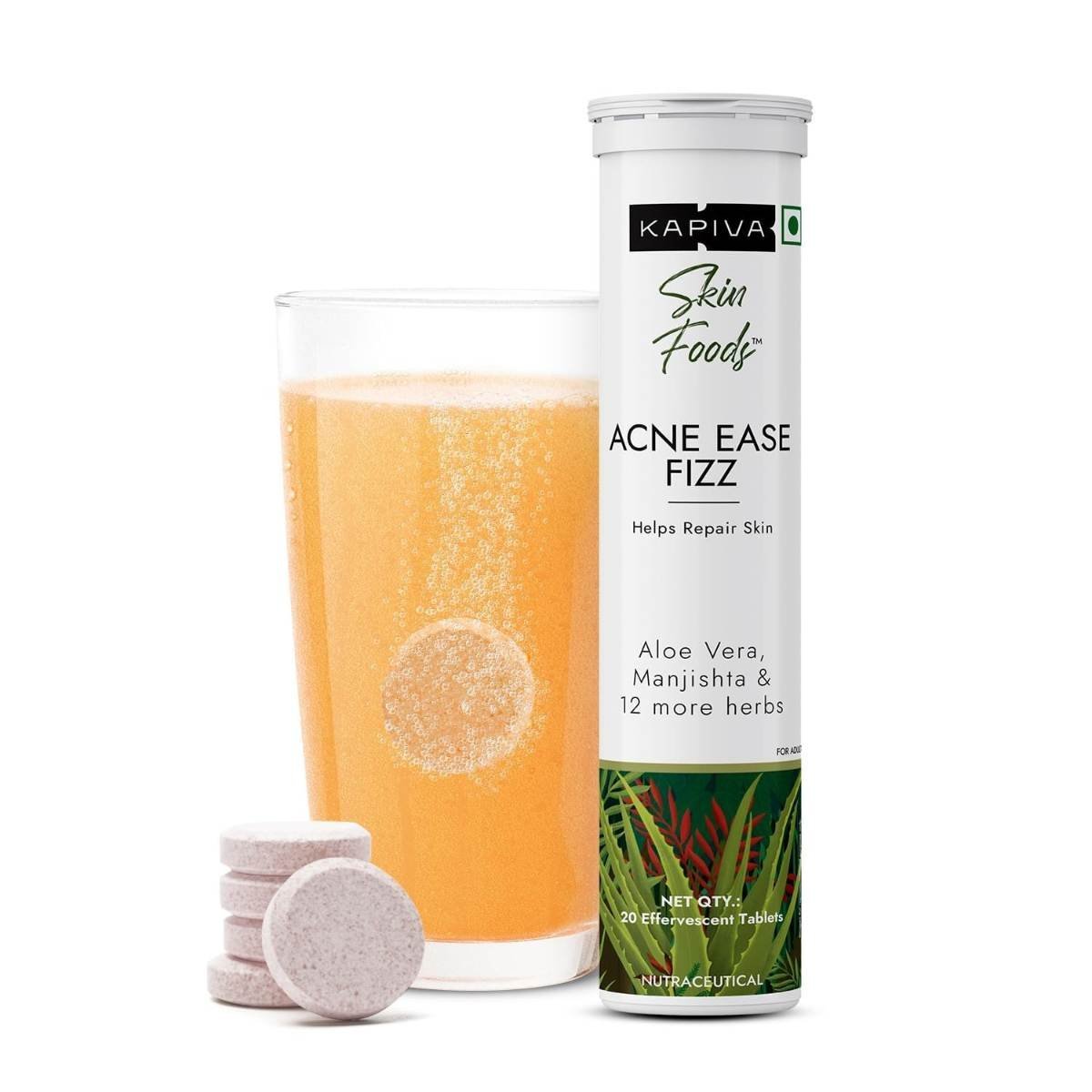uk612-s-oM3QL-1.jpg Kapiva Skin Foods Acne Ease Fizz | Reduces Acne & Acne Marks Naturally | 20 Tablets | Orange Flavour - Fast UK Delivery - Image 1